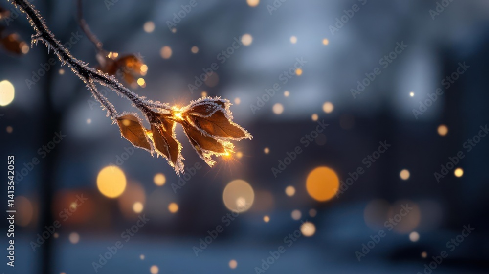 Leinwandbilder Close-up shot of frost-covered branches and leaves, sunlight filtered through the frosty coating creating a magical effect, bokeh orbs of light floating gently, creating a dreamy atmosphere in winter