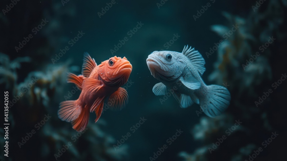 Poster close up shot of two mottled sculpin fish. one is rust colored and the other is white and gray. they