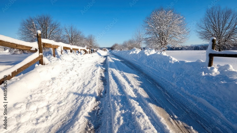 Poster A snow covered path is carved through a winter landscape under a clear blue sky. Trees adorned with snow line the path creating a serene and cold atmosphere