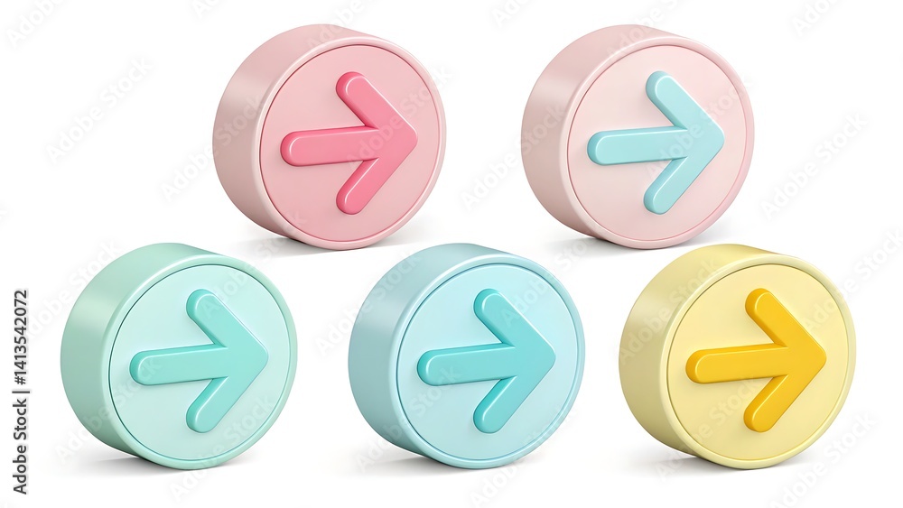 Poster a collection of five colorful round buttons each featuring a right pointing arrow on a white backgro