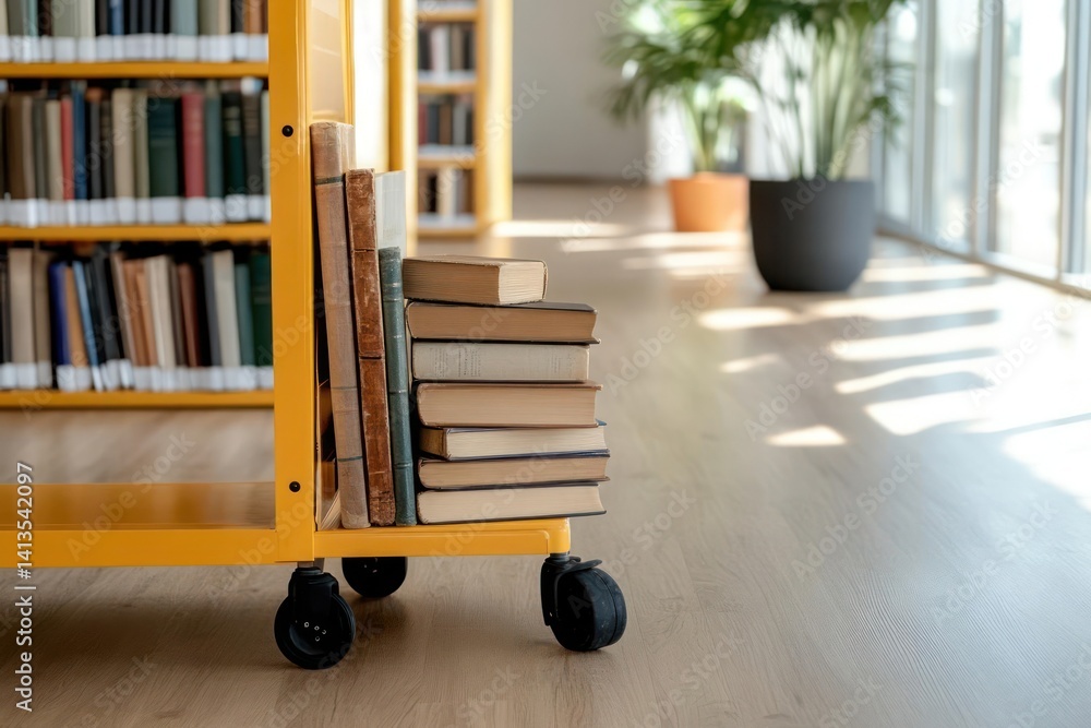 Poster a close-up shot showcases a portable cart piled with books, featuring a light beige color floor. a b