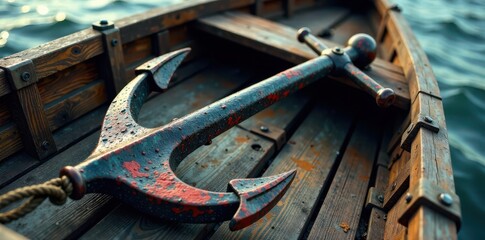 Distressed anchor in a wooden boat hull, nautical, boat