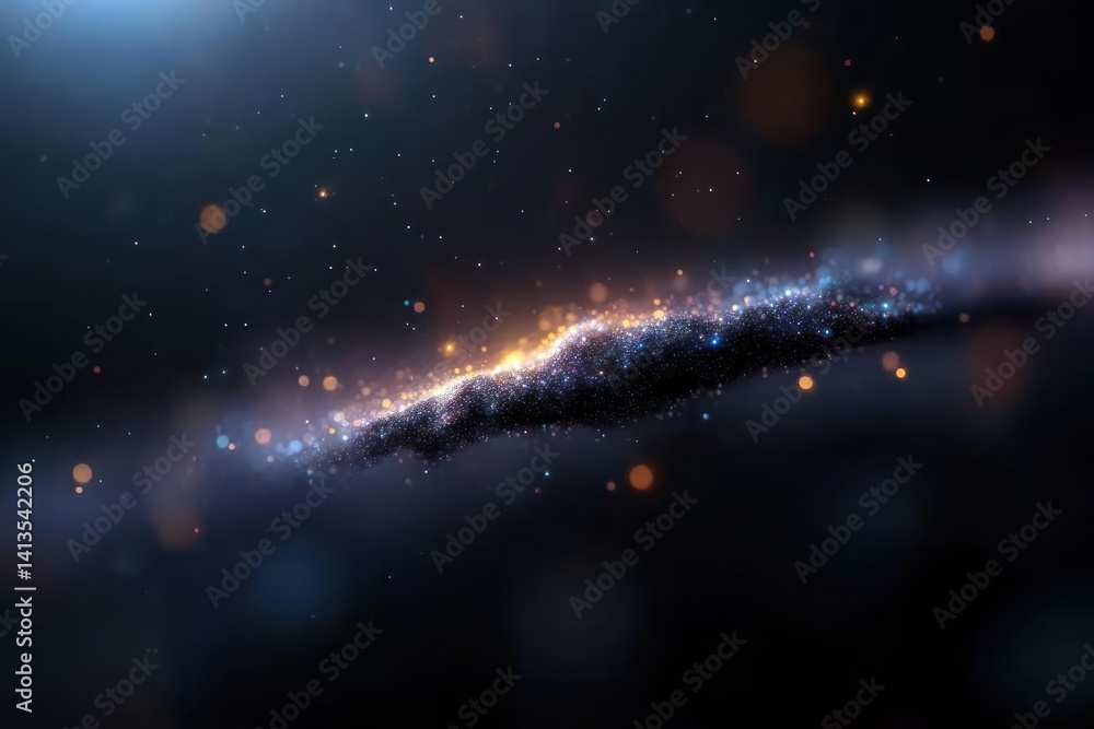 Poster An abstract design with blue and orange sparkling particles against a dark background. The composition features a central cluster of bright, colorful bokeh, creating a sense of depth and movement