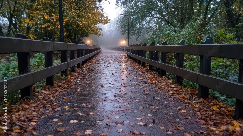 Poster scenic elevated path after rain, the pathway is covered in scattered autumn leaves, with wooden guar