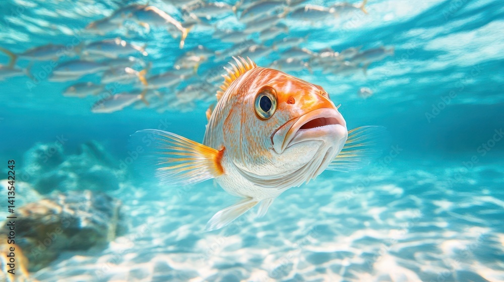 Poster a close-up underwater shot showcases a vibrant orange fish with intricate scale details, complemente