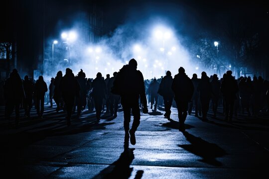A large group of shadowy figures walk at night under bright streetlights, creating a mysterious and somewhat ominous scene.