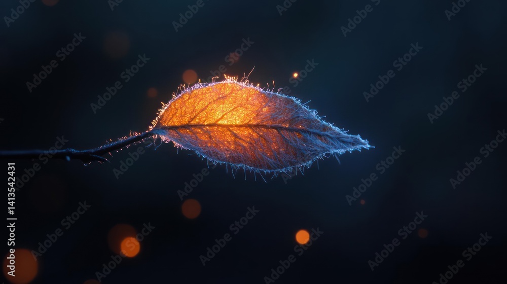 Fototapete a close-up of a vibrant orange leaf illuminated against a dark background, with a soft, ethereal glo