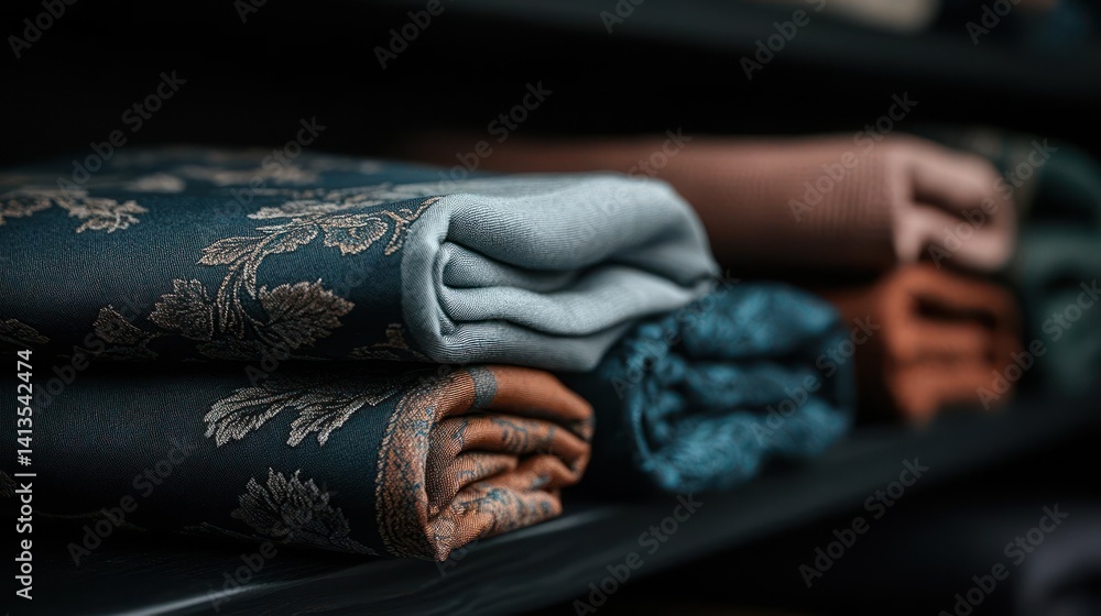 Poster Close-up on neatly stacked patterned fabrics in dark blues, browns, and grays, set against a dark background with soft, diffused lighting enhancing the textures and colors of the textiles
