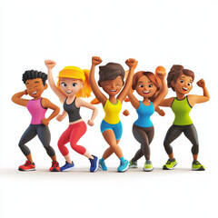 Obraz premium A group of five smiling cartoon women are exercising together, with their arms raised in the air as they wear colorful athletic clothing.
