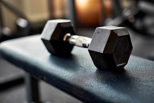 Close up shot of a black dumbbell resting on a dark bench in a fitness or workout environment gym setting