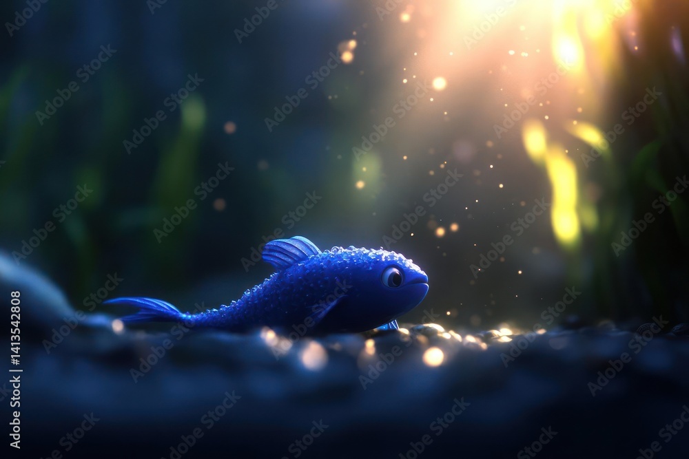 Poster a small blue fish lays on a gravel bed surrounded by green plants in a blurred background. light fro