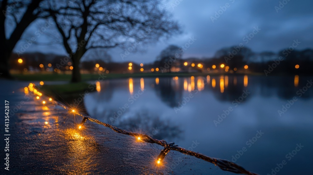 Poster close up on a string of lit warm yellow lights, foreground focus, leading the eye to a still pond re