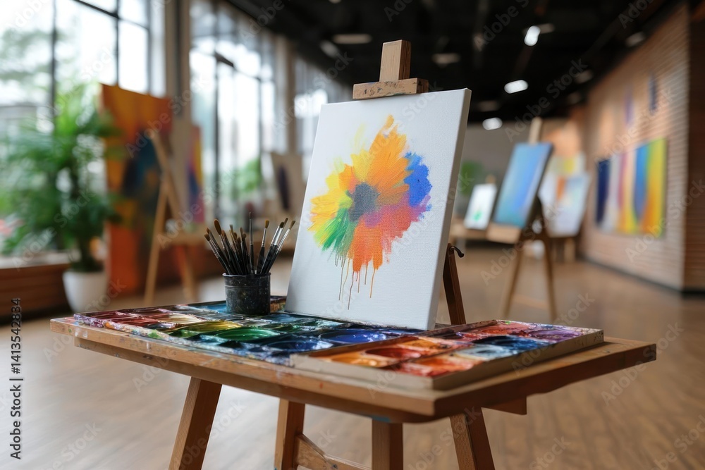 Poster close-up of a paint-covered wooden table holding a color palette and a jar of paintbrushes, with an 