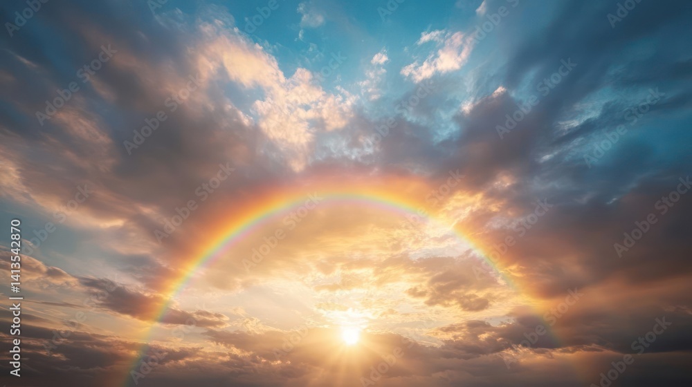 Poster vibrant rainbow arches across a dramatic sky filled with golden light and fluffy clouds. the sun shi