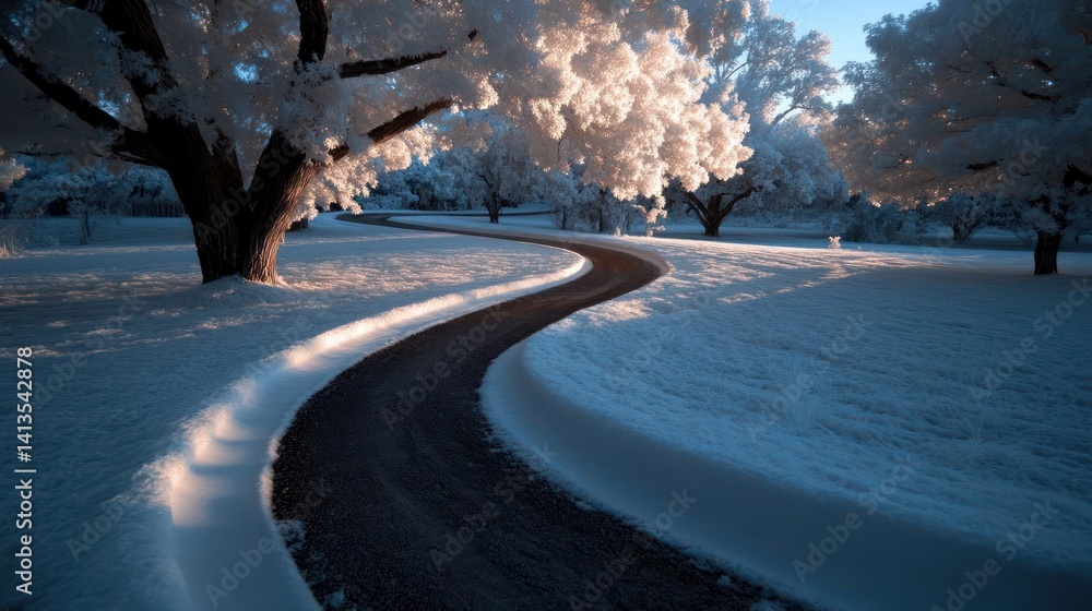 Poster A winding path through a snowy landscape, with trees covered in frost on either side. The scene is bathed in the soft light of dawn or dusk, creating a serene and peaceful atmosphere. The snow is