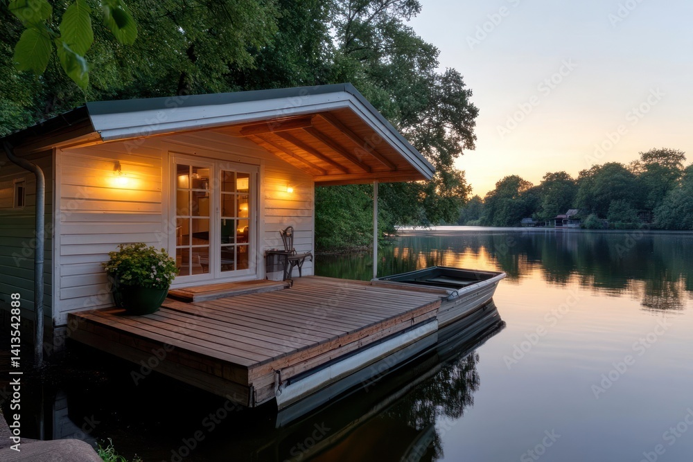 Poster exterior view of a white boathouse with a small deck and wooden trim on a calm lake with a sunset sk