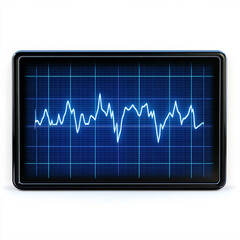 Digital oscilloscope displaying a fluctuating waveform on a blue grid, representing signal analysis and electronic measurement.