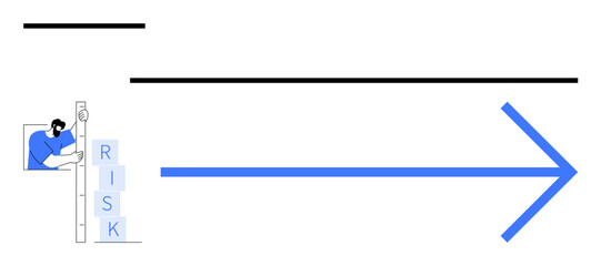 Worker climbing ladder labeled RISK, focusing on challenges and opportunities with bold blue arrow symbolizing progress. Ideal for safety, success, goals, strategy, risk management, business growth