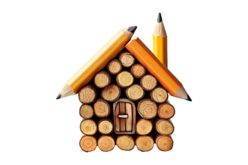 Pencils in the shape of a house isolated on transparent background
