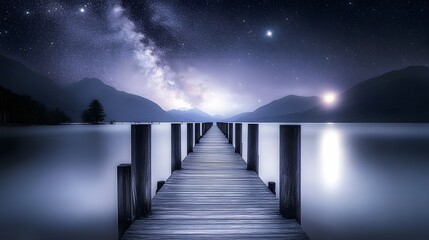 Milky Way Galaxy Over Serene Lake Wooden Dock