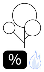 Tree with circular leaves, a percentage mark, and flame symbol visualizing sustainability, energy savings, consumption, weather, nature, eco-friendliness climate change and conservation. Minimal