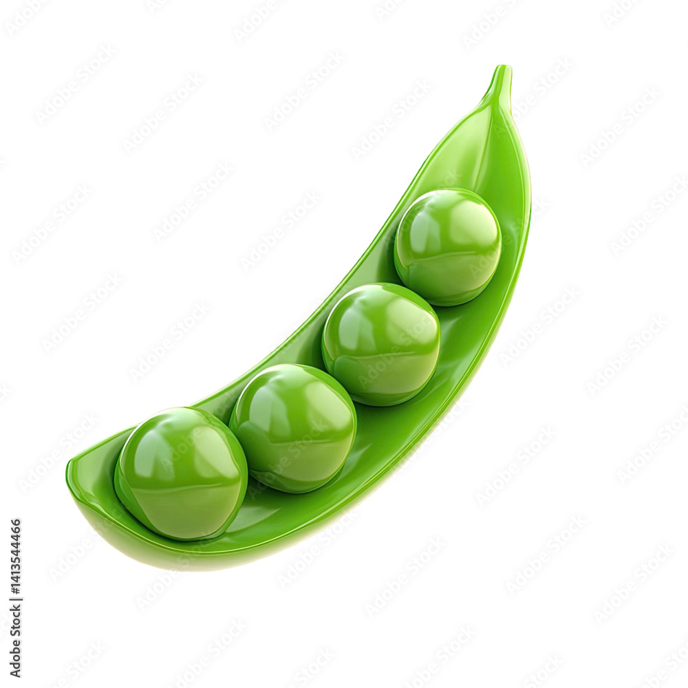 Poster close-up of a vibrant green pea pod with four perfectly round peas against a transparent black backg