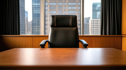 Modern executive office chair in front of large window overlooking cityscape A vacant desk awaits its occupant