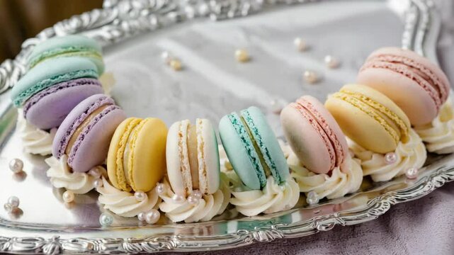 Colorful macarons arrangement on decorative silver tray with whipped cream swirls and pearl embellishments