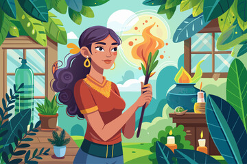 vector of The young woman is holding a smoked smudge in her hand and wants to disinfect the environment of the house