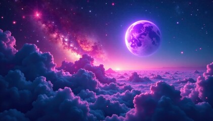 Ethereal nebula with glowing purple planet in the distance, galaxy, abstract planet, space