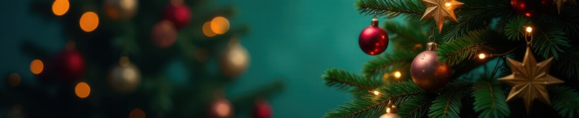 Naklejka premium Evergreen Christmas tree with multicolored lights and ornaments against a bright background, colorful lights, festive scene