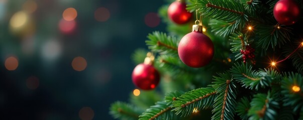 Fototapeta premium Evergreen tree with colorful ornaments, lights and garlands, holiday decoration, Christmas tree