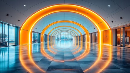Obraz premium Modern Airport Interior Photo With Glowing Orange Arches And Polished Reflective Floors