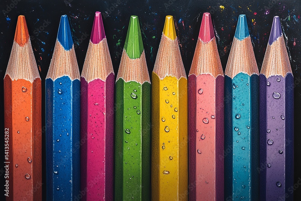 Poster a vibrant array of colored pencils standing upright against a dark speckled background in a close up