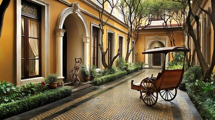 Elegant courtyard with antique carriage.  Sunlight filters through lush trees