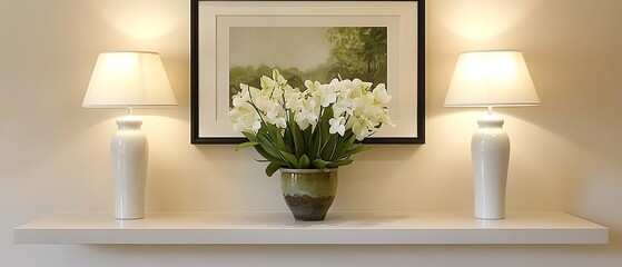 White table lamps, orchids, and art on a shelf