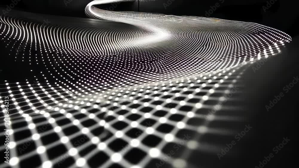 Poster exploration of a flowing light pattern weaving through a digital landscape at dusk in an art install