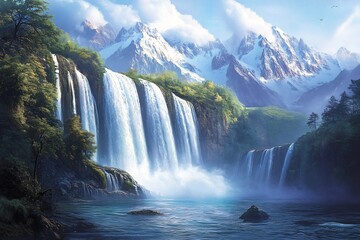 Majestic snow capped mountain waterfall cascading into sky creating surreal contrast between icy landscape mystical flowing water High definition hyper realistic texture magical lighting enhance