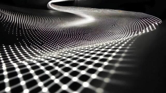 Exploration of a flowing light pattern weaving through a digital landscape at dusk in an art installation Generative AI