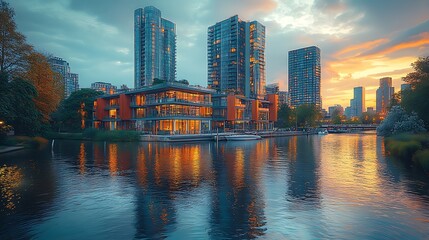 Fototapeta premium Modern Cityscape Reflecting In Tranquil Waters During Scenic Sunset A Stunning Photo