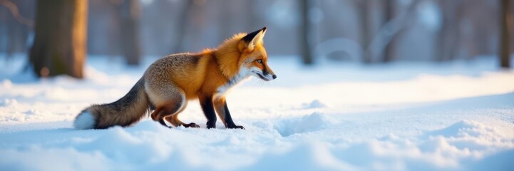 Fox's delicate paw print on the pristine snow, surrounded by bare winter trees, wild animal track, woodland scenery
