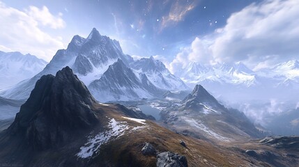 Majestic snow capped mountain under starry sky swirling galaxy casting soft glow over rocky peak Intricate texture of landscape highlighted shimmering starlight Hyper realistic cosmic lighting creates
