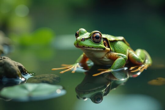 Frog swimming in the water, fish, movement