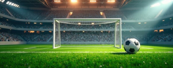Minimalist soccer field background with empty goal net and ball , stadium, goal