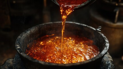 Pouring hot dye, traditional workshop, amber liquid, textile dyeing