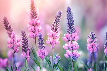 Naklejka premium Close up of pink and purple lupine flowers in a field with a blurred background in the sunlight