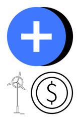 Blue plus sign above wind turbine and dollar symbol representing key concepts thumbs up renewable energy, investment, growth, sustainability, and financial planning. Ideal for clean energy campaign