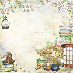 Square scrapbooking paper design with textured mixed media background and watercolor illustrations of flowers and magic, wizard world objects