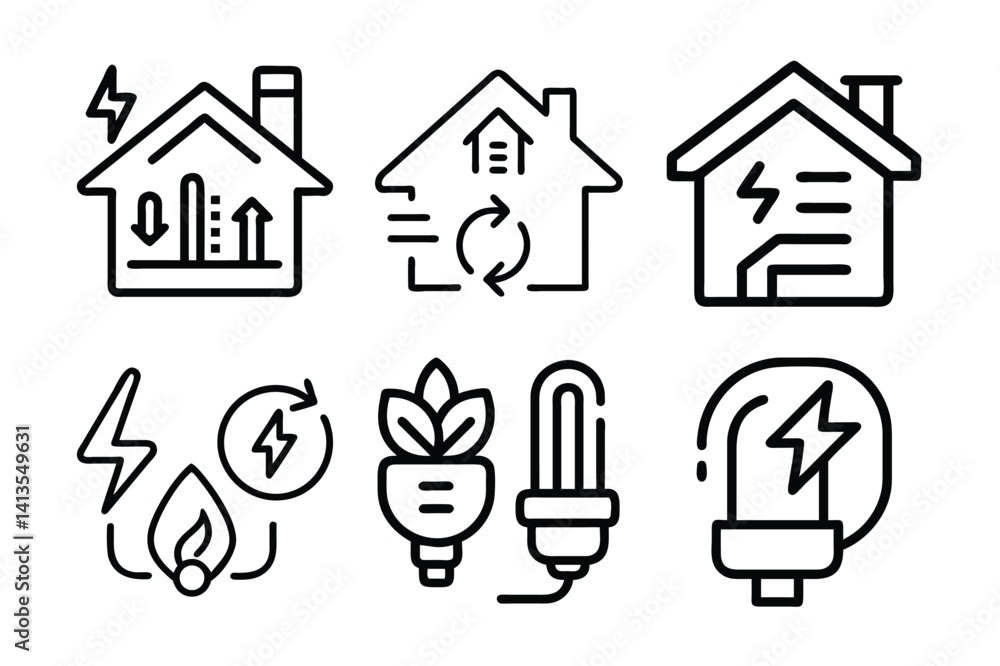 Poster energy efficiency and energy saving home-related linear icon set in outline vector style. set of han