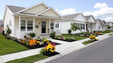 Charming cream colored houses in a residential community perfect for real estate marketing